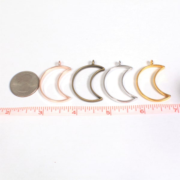 moon bezels for resin, open bezel moon charm, moon connector, frames for resin jewelry, gold, silver, bronze, rose, blank jewelry pendant