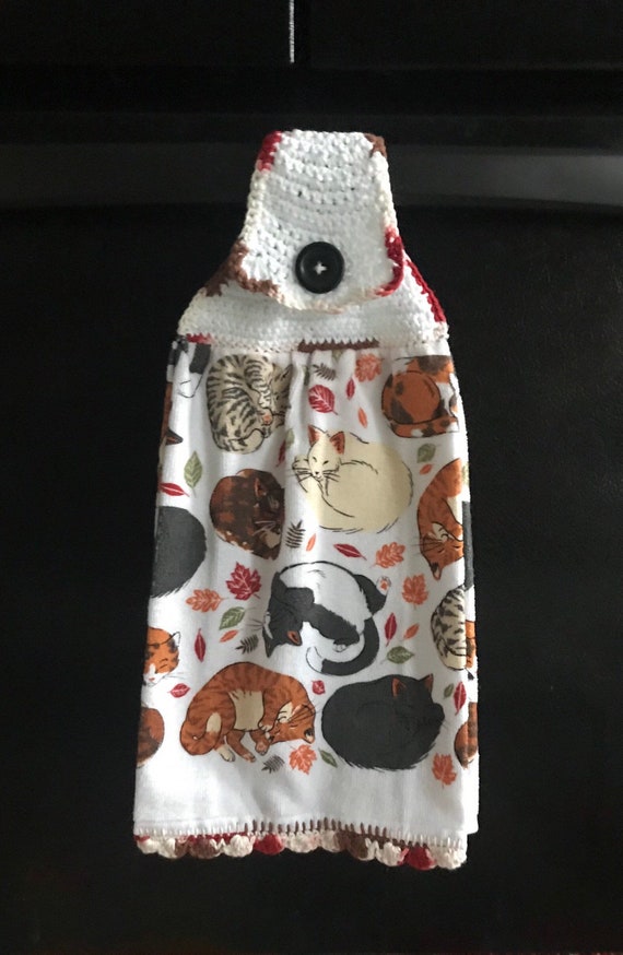 Snuggling Cats -Crochet Hanging Kitchen Towel