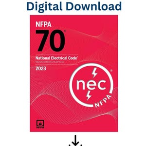 Könnte beinhalten: Eine digitale Download-Grafik mit dem Text "Digitaler Download" oben. Das Bild zeigt einen roten Hintergrund mit dem Text "NFPA 70" in großen schwarzen Zahlen. Der Text "National Electrical Code 2023" ist ebenfalls sichtbar, zusammen mit dem "nec"-Logo.