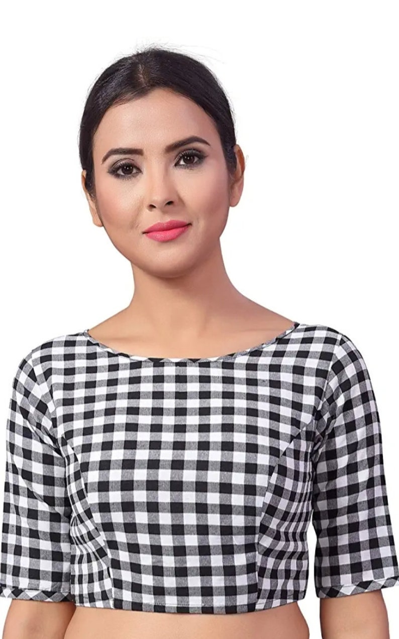 25/%SaleBlack And White Chennai Checks Pure Cotton Fully Stitched Readymade Women Saree Blouse Latest sari Choli Women Party Wear wedding