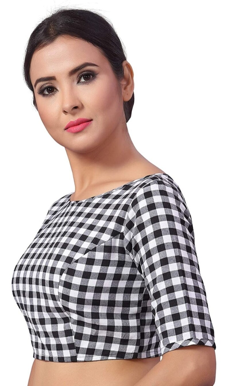 25/%SaleBlack And White Chennai Checks Pure Cotton Fully Stitched Readymade Women Saree Blouse Latest sari Choli Women Party Wear wedding