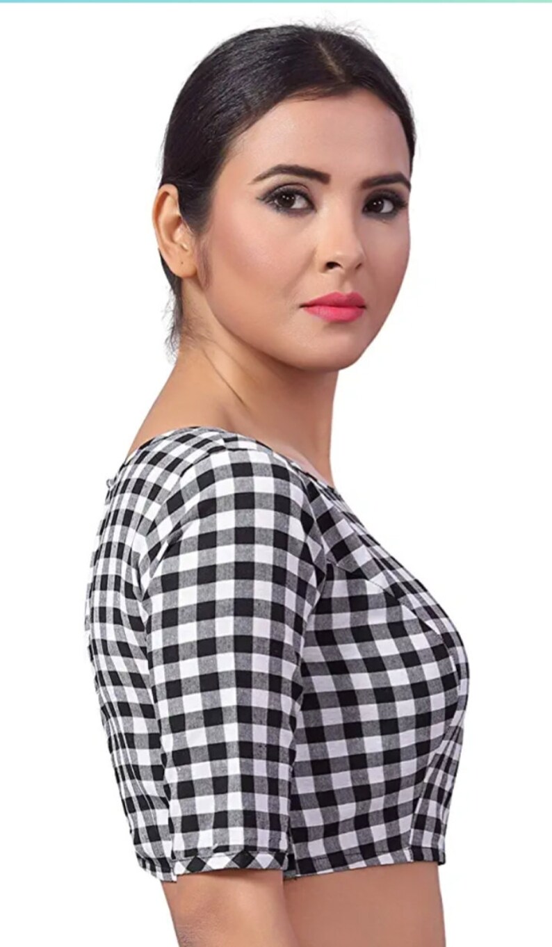 25/%SaleBlack And White Chennai Checks Pure Cotton Fully Stitched Readymade Women Saree Blouse Latest sari Choli Women Party Wear wedding