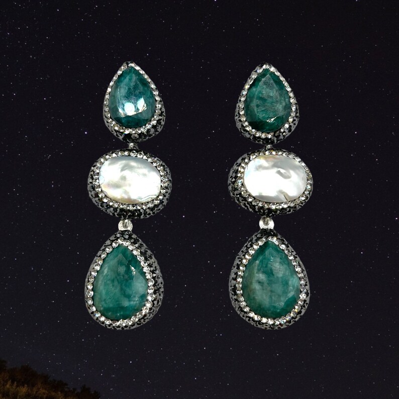 Sterling Silver Marcasite Earrings|Turkish Jewelry|Turkish Earrings for Women|Cocktail Long Dress Earrings Emerald Marcasite Drop Earrings