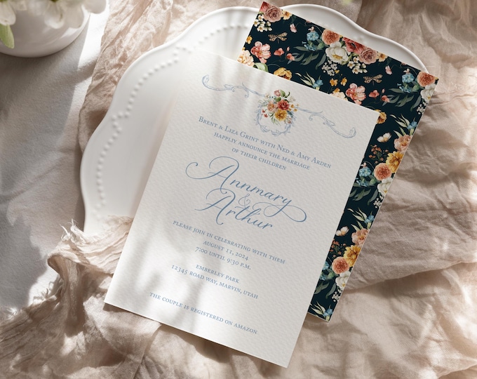 Blue Floral Wedding Invitation