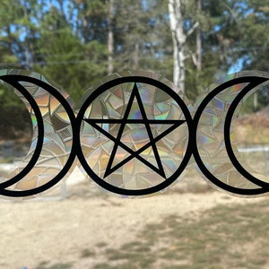 Triple Moon Suncatcher Window Decal | Pentagram Suncatcher Window Cling | Rainbow Window Decals | Gothic Window Decals | Pagan Decor