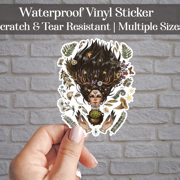 Green Witch Girl Waterproof Vinyl Sticker | Pagan Sticker, Pagan Car Decals, Nature Stickers, Moon Goddess Stickers, Witchcraft Decals