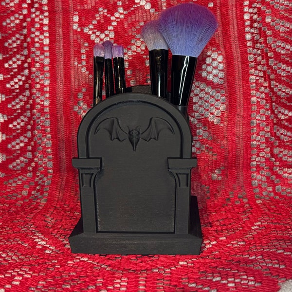 Gravestone Makeup Brush Holder with Dual Compartments | Gothic Makeup Brush Organizer