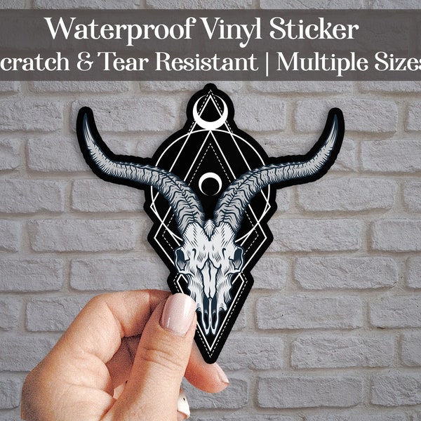 Goat Skull with Horns Waterproof Vinyl Sticker | Baphomet Sticker | Baphomet Decal | Gothic Car Decal | Witchcraft Stickers | Occult Sticker