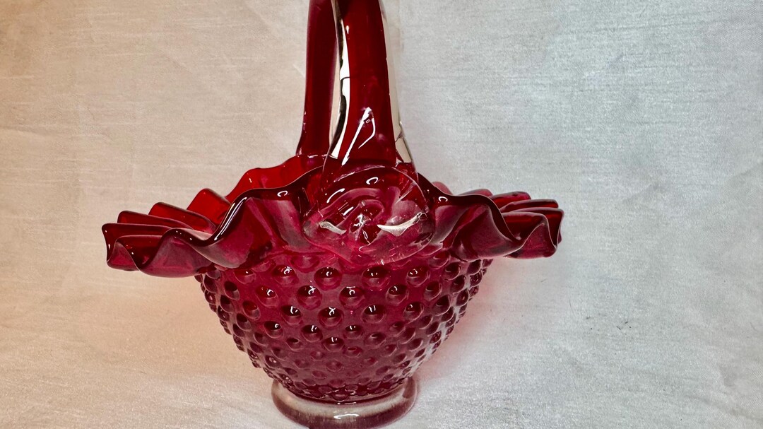 Fenton Ruby Red Bowl Ruffle Vintage Fenton Ruby Red Glass Hobnail Ruffle Edge Basket Dish 8