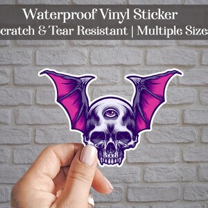 Bat Skull With Third Eye Waterproof Vinyl Sticker | Laptop Decals, Car Bumper Stickers | Gothic Horror Halloween Decal | Bats Scary Spooky