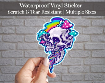 Rainbow Mushrooms Skull Waterproof Vinyl Sticker | Hippie Trippy Decals | Psychedelic Skulls and Fungus | Laptop Decals, Car Bumper Sticker