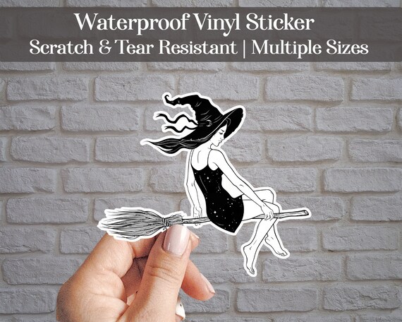 Witch Riding Broom Waterproof Vinyl Sticker | Gothic Decals | Gothic Witchy Stickers | Halloween Stickers | Halloween Decals