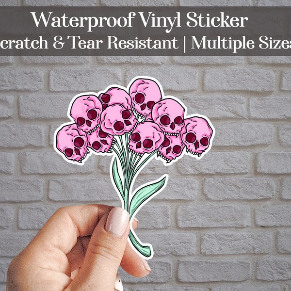 Skull Bouquet Waterproof Vinyl Sticker| Flowers, Floral, Rose| Witch, Goth, Decals for Tumbler, Car Bumper Sticker, Laptop, Macbook, Journal