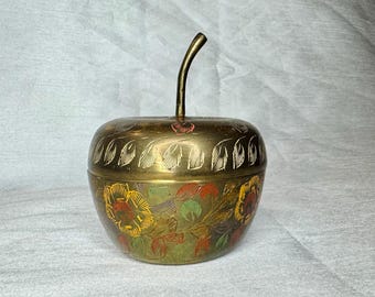 Porte-bijoux Vintage En Forme De Pomme - Laiton émaillé Crème Et Doré Avec Décor Oiseau - Occasion