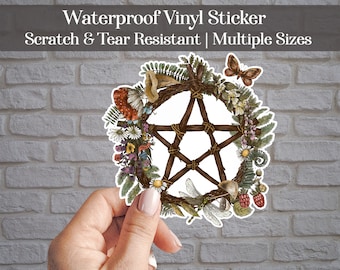 Woodland Nature Pentagram Waterproof Vinyl Sticker | Pagan Stickers Decal | Witchy Stickers | Car Decal | Laptop Decals | Flowers, Butterfly
