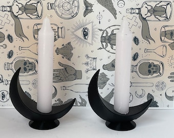 Crescent Moon Candle Holder | Witchy Gothic Home Decor | Black Candlestick Holders | Moon Phase Decor | Unique Gifts