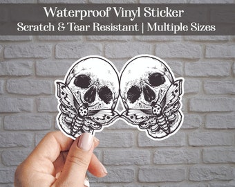 Siamese Skulls and Death Moths Waterproof Vinyl Sticker, Decals for Tumbler, Laptop, Car Bumper Stickers, Goth, Gothic, Witch, Witchy