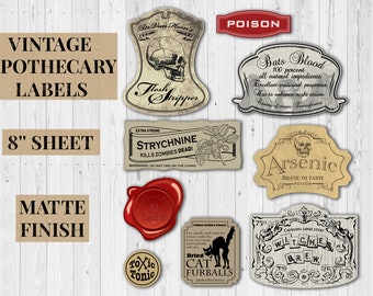 Vintage Apothecary Labels Stickers | 8'' Matte Sheet | Halloween Decor | Poison Bottle Stickers | Halloween Labels