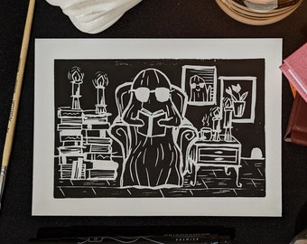 Cozy Ghost with a Bunch of Books | handmade lino block print