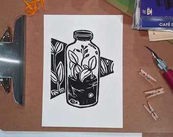 Bottle Terrarium | handmade lino cut print