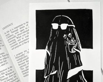 Cool Ghost with a Plant | Soft Lino Block Print