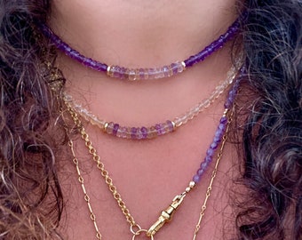 Faceted Amethyst Ametrine Beaded Gemstone Necklace, 14k Gold Filled Beads, Adjustable Length, Unique Layering Jewelry, One of a Kind