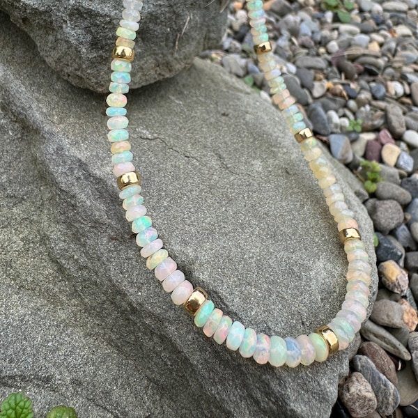 Beautiful Flashy Ethiopian Opal Beaded Gemstone Necklace, Firey Opal Stone, Unique Handmade Jewelry, 14k Gold Filled Clasp, One of a Kind