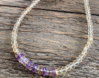 Faceted Citrine Ametrine Beaded Gemstone Necklace, 14k Gold Filled Beads, Adjustable Length, Unique Layering Jewelry, One of a Kind