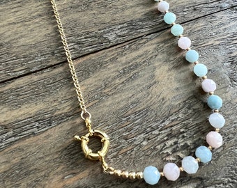 Aquamarine Morganite Beaded Gemstone Hybrid Chain Necklace, 18k Gold Filled Rolo Chain, Sailor Clasp, Charm Holder, One of a Kind Jewelry