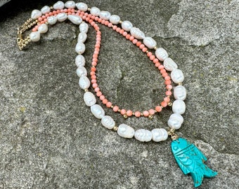 Handmade Double Layer Pearl Necklace: Coral & Turquoise Fish, 14k Gold Filled