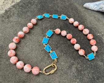 Vintage Natural Coral Turquoise Statement Necklace, 18k Gold Vermeil, Pave Diamond Charm Holder, One of a Kind, Handmade Layered Necklace