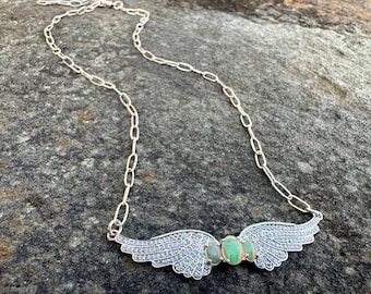 Opal Angel Wing Necklace, Pave Diamond, Sterling Silver Paper Clip Chain