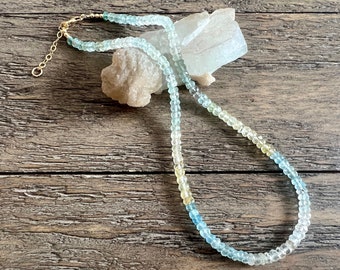 Ombre Pastel Pink Blue Yellow Aquamarine Morganite Beaded Gemstone, 14k Gold Filled, Adjustable, Necklace, Handmade, One of a Kind Jewelry