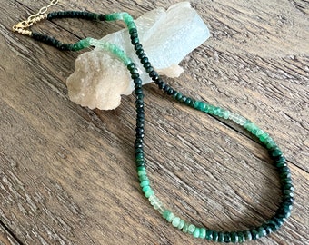 Ombre Green White Emerald Beaded Gemstone Layering Necklace, 14k Gold Filled, One of a Kind, Handmade Jewelry