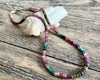 Rainbow Tourmaline Beaded Necklace: 14k Gold Filled, Handmade