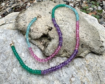 Jewel Tone Rainbow Beaded Gemstone Connector Charm Holder Necklace, Amethyst, Apatite, Green Onyx, Pink Topaz Handmade One of a Kind Jewelry