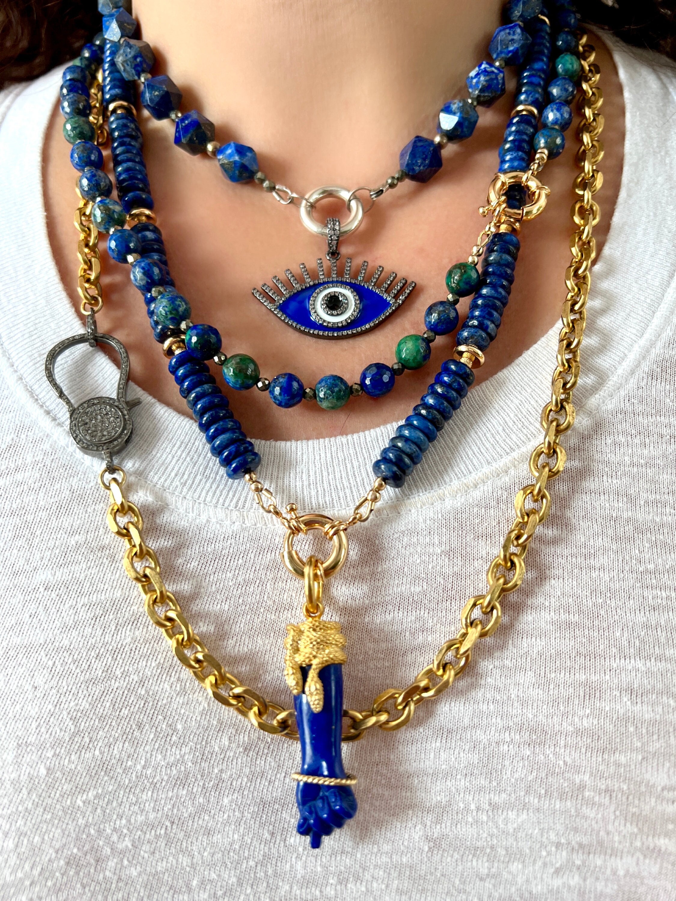 Azurite Malachite Chrysocolla Pyrite Faceted Blue Green Long Gemstone Beaded Necklace Strand, Charm Holder, One of a Kind Handmade Jewelry