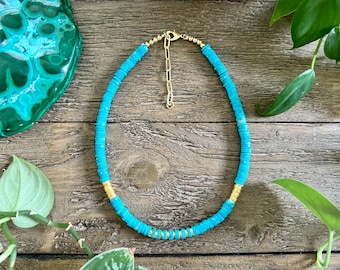 Handmade Turquoise Howlite Heishi Necklace: Gold-Plated Accents, Adjustable Length