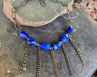 Chunky Blue Lapis Lazuli Pyrite Beaded Gemstone Statement Necklace, Vintage Antique Brass Chains Charms, One of a Kind, Handmade Jewelry