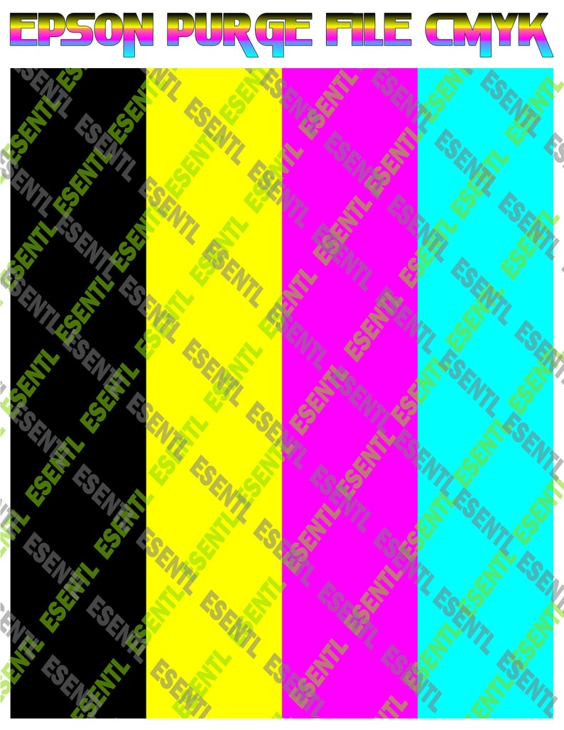 May include: A graphic illustration of the words "EPSON PURGE FILE CMYK" in a rainbow color scheme. The background is a pattern of the word "ESENTL" repeated in black, yellow, magenta, and cyan.