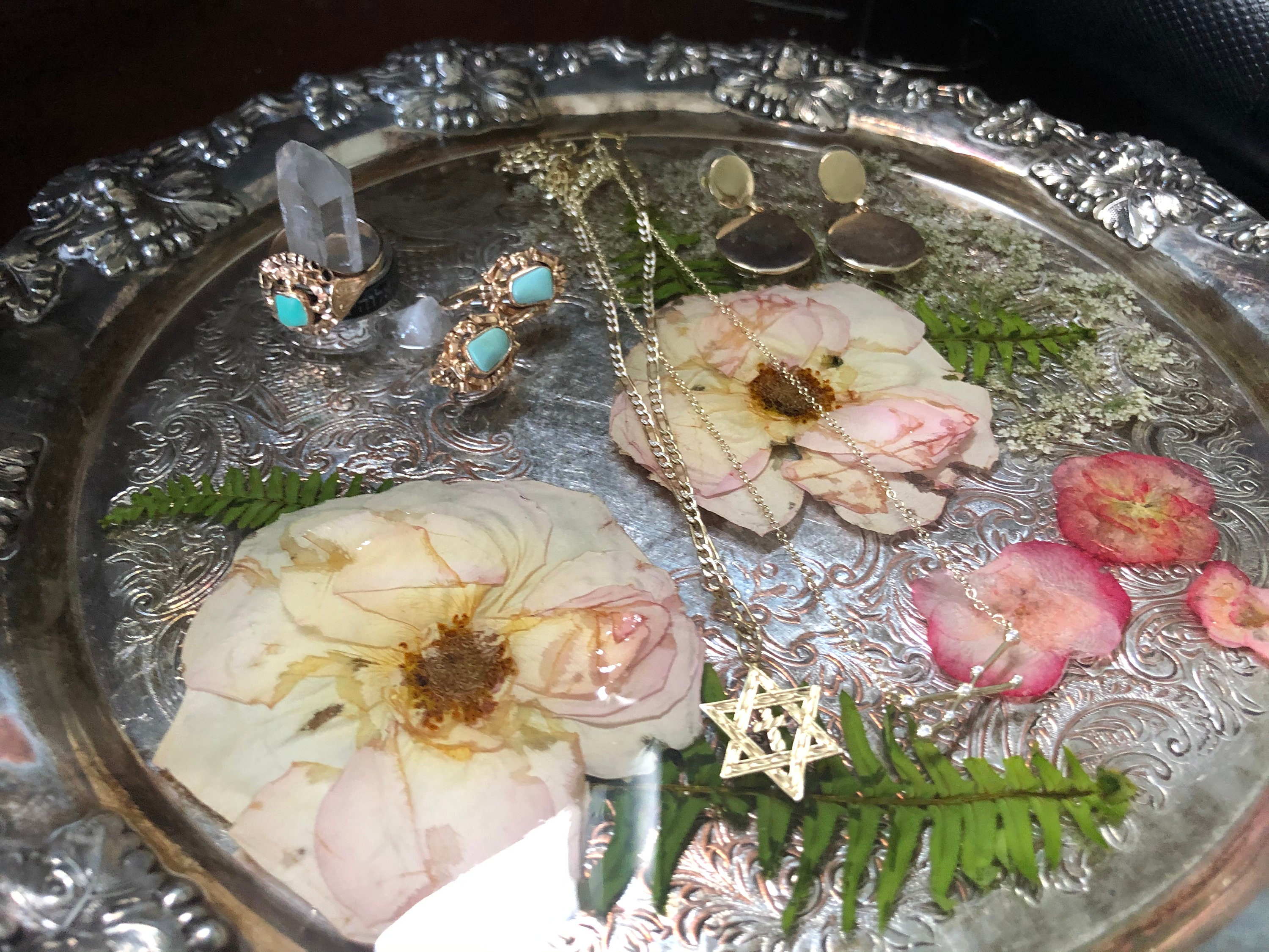 Antique Silver Jewelry Tray with Floral Inlay Etsy