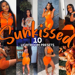 Könnte beinhalten: Eine Collage von Bildern mit Frauen in verschiedenen orangefarbenen Outfits. Der Text "Sunkissed 10 Lightroom Presets" ist in Orange und Weiß überlagert. Die Bilder zeigen verschiedene Stile und Posen.