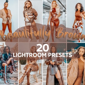 May include: A collection of 20 Lightroom presets called "Beautifully Brown" for editing photos. The presets are designed to enhance brown tones and create a warm, inviting aesthetic.