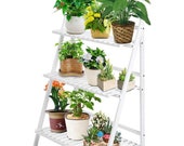 White Plant Stand Outdoor Indoor, 3 Tier Bamboo Ladder Plant Stand Plant Shelf Foldable Wooden Vertical Tiered Flower Shelf Foldable Flower