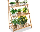 Outdoor Plant Stand, 3-Tier Foldable Bamboo Ladder Plant Shelf Wood Flower Pot Storage Rack with Gloves, Screwdriver, 3pcs Mini Plant Tools