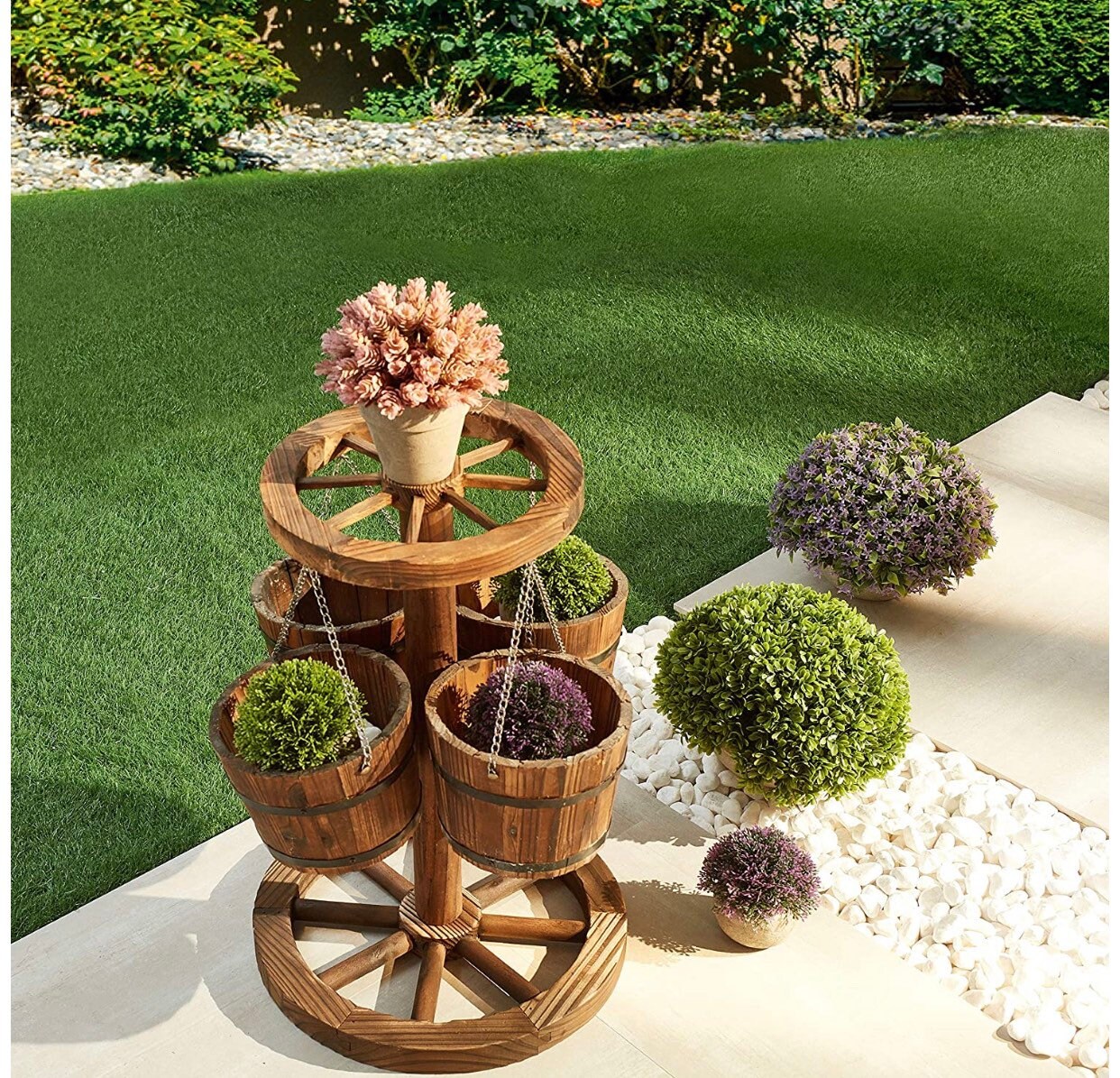 Rustic Patio Wooden Wagon Barrel Wheel Planter Flower Pots Etsy