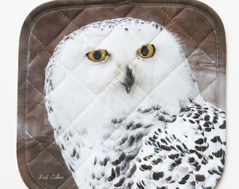 SNOWY OWL  PORTRAIT Pot Holder  / owl hot pad / wild bird pot holder / wild bird hot pad / wildlife pot holder