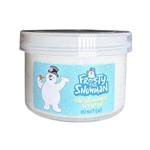 Könnte beinhalten: Ein weißes Glas mit einem blau-weißen Etikett, auf dem Frosty der Schneemann abgebildet ist. Das Etikett lautet "Frosty der Schneemann Zuckerkeksduft Nicht zum Verzehr geeignet".