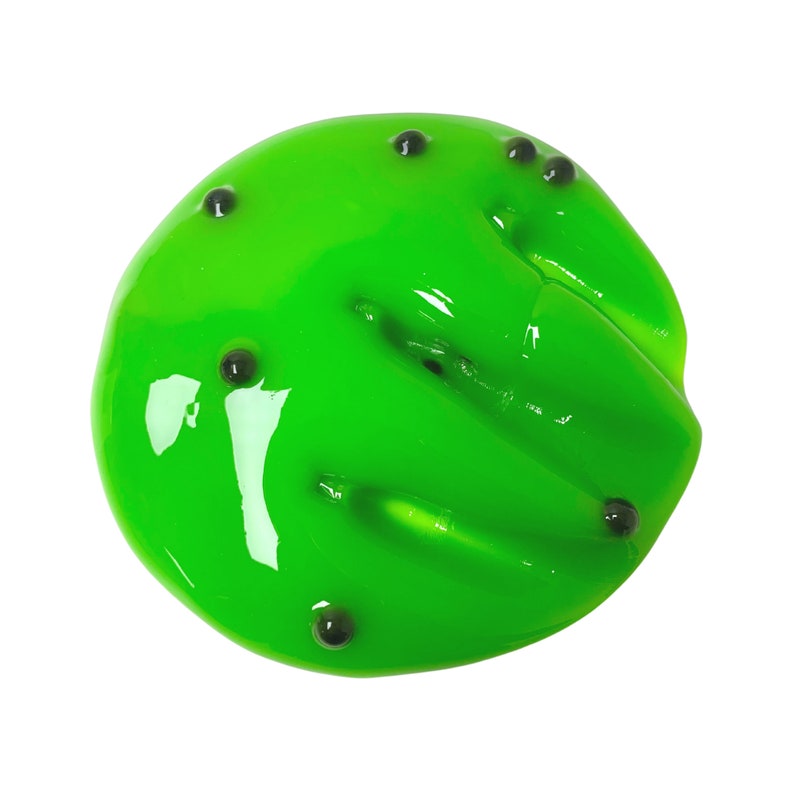 May include: A green slime with black seeds, resembling a kiwi fruit, on a white background.