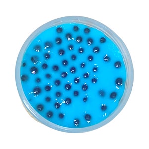 May include: A clear plastic container filled with blue slime with black boba balls.